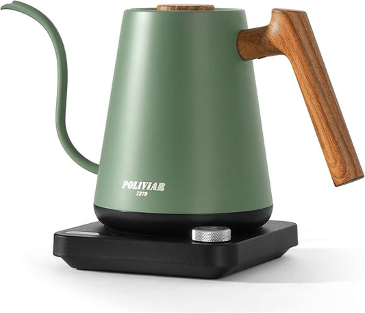 POLIVIAR Electric Gooseneck Kettle, 1350W Electric Tea Kettle Wood Pattern Handle, 34oz Pour Over Electric Kettle for Coffee & Tea, 18/8 Stainless Steel Inner, Temperature Control & Rapid Heating