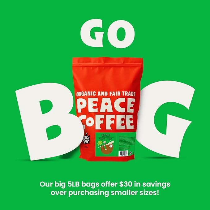 Peace Coffee Colombia Single Origin Coffee | 5 lb Whole Bean Medium Roast | Organic Fair Trade | Smooth, Crisp Flavor | Shade Grown, Fresh Roasted