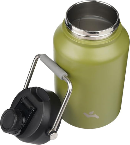 Half Gallon Jug with Handle,64 oz Insulated Water Bottle with Carrying Pouch,Double Wall Vacuum Stainless Steel Metal Bottle,Forest Green