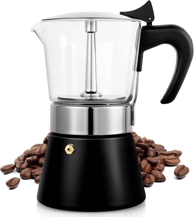 Induction Moka Pot, 9 Cups (15.9 oz) Crystal Glass-Top & Stainless Steel Moka Pot, Classic Stovetop Espresso Maker, Black