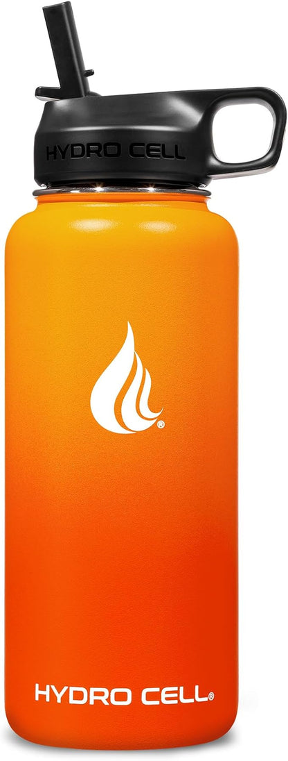 HYDRO CELL Stainless Steel Insulated Water Bottle with Straw - For Cold & Hot Drinks - Metal Vacuum Flask with Screw Cap and Modern Leakproof Sport Thermos for Adults (Red/Orange 32oz)