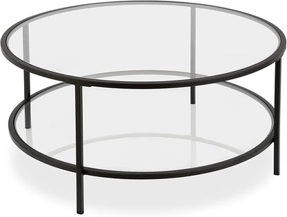 Henn&Hart 36" Round Coffee Table with Glass Top and Glass Open Storage Shelf for Living Room, Family Room, Office, or Apartment, Blackened Bronze