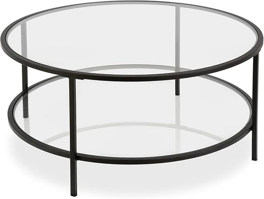 Henn&Hart 36" Round Coffee Table with Glass Top and Glass Open Storage Shelf for Living Room, Family Room, Office, or Apartment, Blackened Bronze