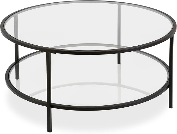 Henn&Hart 36" Round Coffee Table with Glass Top and Glass Open Storage Shelf for Living Room, Family Room, Office, or Apartment, Blackened Bronze