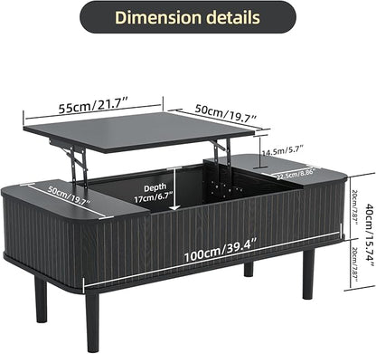 Coffee Table Lift Top, Fluted Coffee Table with Storage, Black Coffee Tables for Living Room, Modern Center Table with Metal Legs