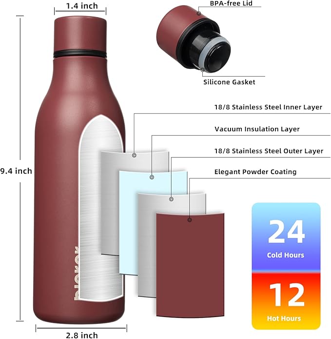 BJPKPK Insulated Water Bottles, 18 oz Stainless Steel Metal Water Bottle with Strap, BPA Free Leak Proof Jugs, Mugs, Flasks, Reusable Thermal Flasks for Sports & Travel, Brick Red