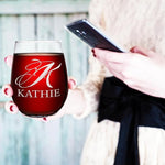 Load image into Gallery viewer, Personalized Wine Glass Script Monogram Initial and Name Engraved 17 oz Stemless Customized Red White Wine Glass Gift for Women