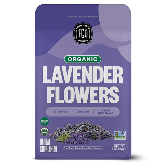 FGO Organic Dried Lavender Flowers, Extra Grade Dried Buds, Imported From France for Culinary or Sachet Bags, 4oz, Packaging May Vary (Pack of 1)