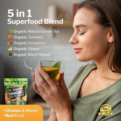 Opportuniteas Organic Turmeric Tea Powder - Matcha Green Tea, Turmeric, Cinnamon, Ginger, Black Pepper - Natural Joint Support - Vegan & Non-GMO - 30 Servings