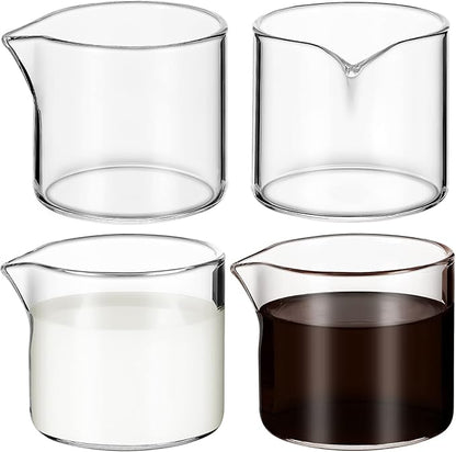 Leinuosen 4 Pcs Small Glass Creamer Pitcher Set Transparent Mini Poured Glass Tea Pitcher, Milk and Coffee Serving Jugs for Tea Milk Coffee (No Handle Style)