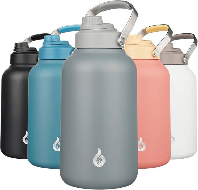 BJPKPK 1 Gallon Water Bottle Insulated, Dishwasher Safe 128oz Large Water Jug with Metal Handle & BPA Free Spout Lid, Stainless Steel Metal Thermo for Gym, Sports & Hiking, Grey