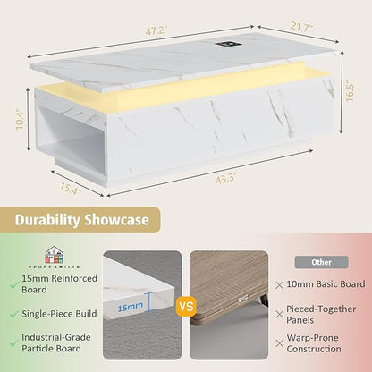 LED Coffee Table, 47.2" Coffee Tables for Living Room with Wireless Charging & Bluetooth Speaker, Smart Center Table for Living Room with Storage, White Marble Tables