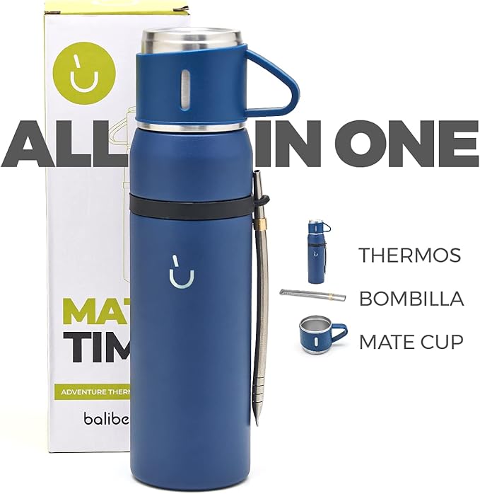 BALIBETOV Camping Thermal Flask for Mate - Vacuum Insulated With Double Stainless Steel Wall- A Mate Thermal Flask Specially Designed as Mate Argentino Kit that includes Bombilla and Mate Cup (Blue)