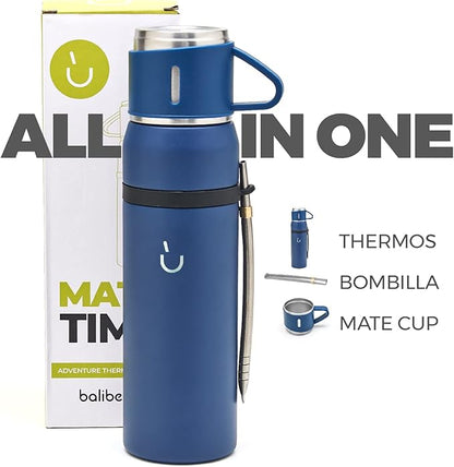 BALIBETOV Camping Thermal Flask for Mate - Vacuum Insulated With Double Stainless Steel Wall- A Mate Thermal Flask Specially Designed as Mate Argentino Kit that includes Bombilla and Mate Cup (Blue)