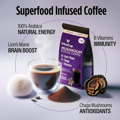VitaCup Focus Mushroom Coffee Grounds, Vanilla Flavored Coffee with Lions Mane, Chaga, B Vitamins, D3, Boost Focus, Immunity, Memory & Clarity, Medium Dark Roast, 100% Arabica Specialty, 10oz