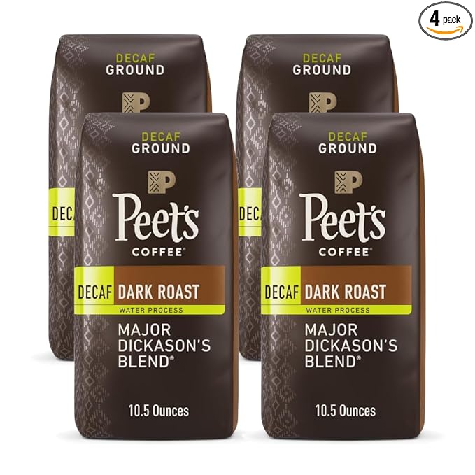 Peet's Coffee, Dark Roast Ground Coffee - Decaf Major Dickason's Blend 42 Ounces (4 Bags of 10.5 Ounces)