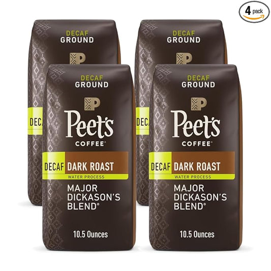 Peet's Coffee, Dark Roast Ground Coffee - Decaf Major Dickason's Blend 42 Ounces (4 Bags of 10.5 Ounces)