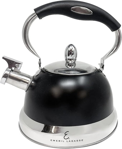 Emeril Lagasse 2.6 Quart/2.5 Liter Whistling Tea Kettle, Stainless Steel Tea Pot for Induction Stove Top, Fast to Boil Water for Home Kitchen Condo, w/Ergonomic Cool Folding Grip Handle, Black/Chrome