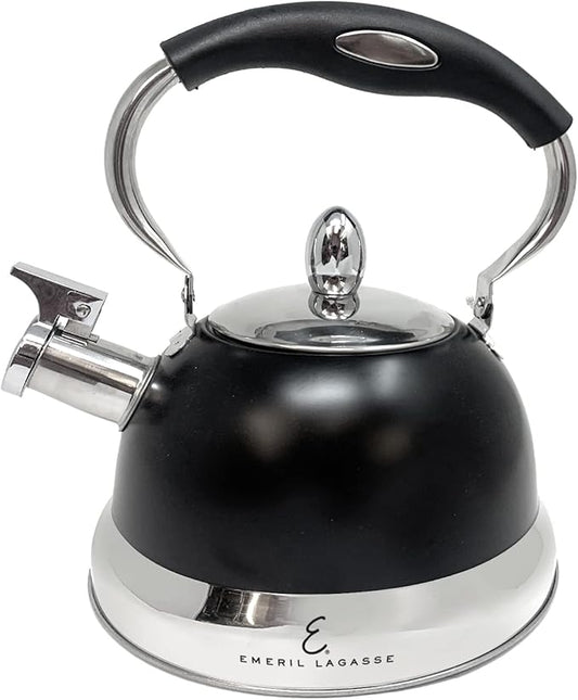 Emeril Lagasse 2.6 Quart/2.5 Liter Whistling Tea Kettle, Stainless Steel Tea Pot for Induction Stove Top, Fast to Boil Water for Home Kitchen Condo, w/Ergonomic Cool Folding Grip Handle, Black/Chrome