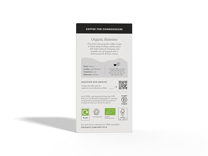 Cru Kafe Ristretto USDA Organic Espresso Coffee Capsules (50 Pods) Fairtrade Coffee Pods Compatible with Nespresso Original Line and Pixie Machines