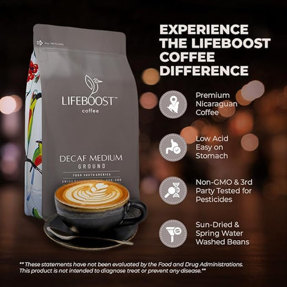 Lifeboost Medium Roast Swiss Water Decaf Coffee Ground - Non-GMO Low Acid Single Origin USDA Decaf Organic Coffee - Third Party Tested For Mycotoxins & Pesticides - 12 Ounces