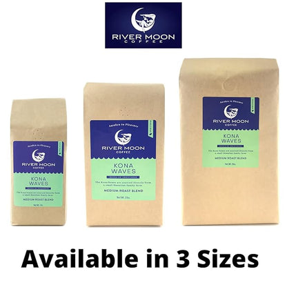 River Moon Coffee, Kona Coffee Whole Bean, Medium Roast, 2 lbs, Kona Waves Hawaiian Blend, Sustainably Farmed, 100% Arabica