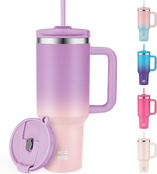 WETOWETO 40oz Tumbler with Handle | Insulated Stainless Steel Travel Mug | 34Hrs Cold & 10Hrs Hot Retention | 100% Leakproof Lid & Straw | Dishwasher Safe + Car Cup Holder Fit (Purple-Pink Gradient)