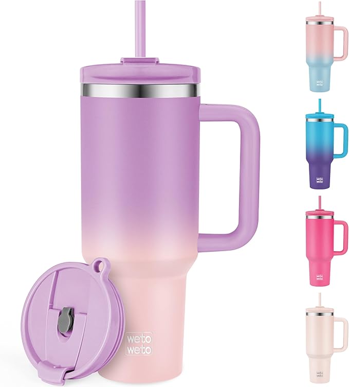 WETOWETO 40oz Tumbler with Handle | Insulated Stainless Steel Travel Mug | 34Hrs Cold & 10Hrs Hot Retention | 100% Leakproof Lid & Straw | Dishwasher Safe + Car Cup Holder Fit (Purple-Pink Gradient)