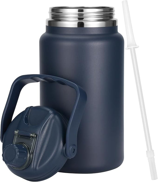 1 Gallon Thermosflask with Straw, 135oz Stainless Steel Insulated Water Bottle，4L Oversized Double Wall Vacuum Jug with Handle for Hot Cold Drinks, Wide mouth Icebuckets for Hiking Sports(Blue)