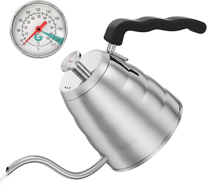 Coffee Gator Gooseneck Kettle with Thermometer - 40oz Premium Stainless Steel Pour Over Coffee Maker Kettles, Stove Top, w/Precision Drip Spout, for Drip Coffee, French Press, Tea Kettle, 5 Cup