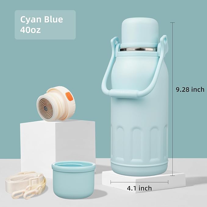 Insulated Water Bottle with Handle and Strap,Vacuum Travel Tumbler with Cup Lid,Thermo Coffee Cup for Hot Cold Drinks 40 OZ,Cyan Blue