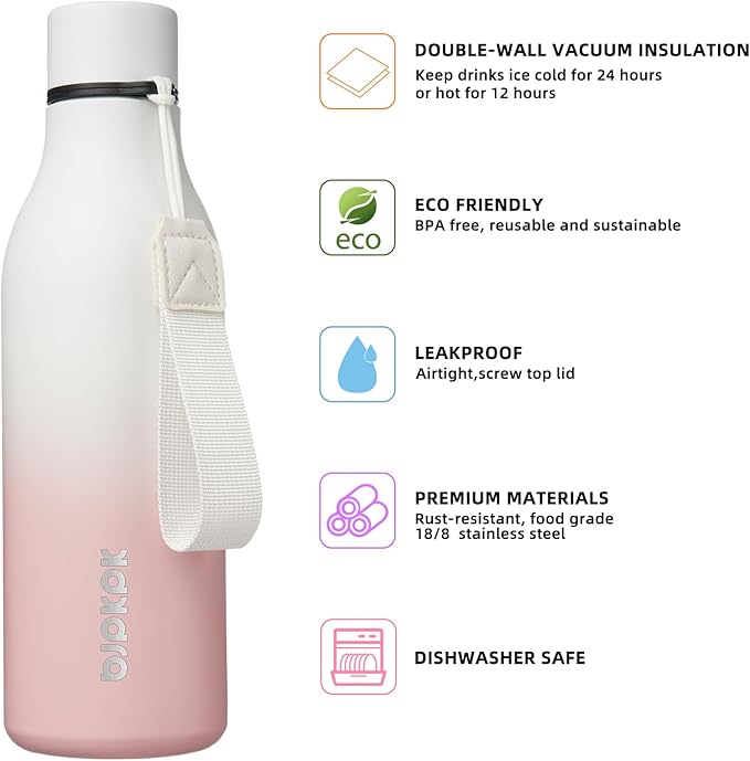 BJPKPK Insulated Water Bottles, 18 oz Stainless Steel Metal Water Bottle with Strap, BPA Free Leak Proof Jugs, Mugs, Flasks, Reusable Thermal Flasks for Sports & Travel, Graceful Pink