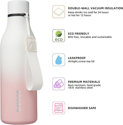 BJPKPK Insulated Water Bottles, 18 oz Stainless Steel Metal Water Bottle with Strap, BPA Free Leak Proof Jugs, Mugs, Flasks, Reusable Thermal Flasks for Sports & Travel, Graceful Pink