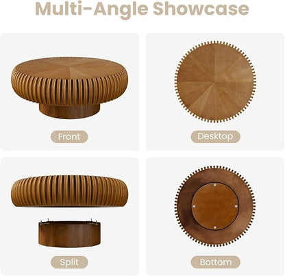 Round Fluted Coffee Table Modern Handcraft Drum Coffee Table with Sturdy Pedestal 31.5" Farmhouse Center Table Tea Table for Living Room, Reception Room, Entertainment Room (Brown 31.5 inch)