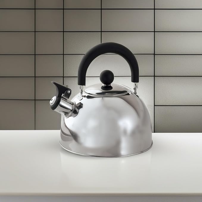Stainless Steel Whistling Tea Kettle, Made of 100% Durable Stainless Steel, Flip Top Spout, Light Handle – Holds 2 Quarts, by Home-Style Kitchen