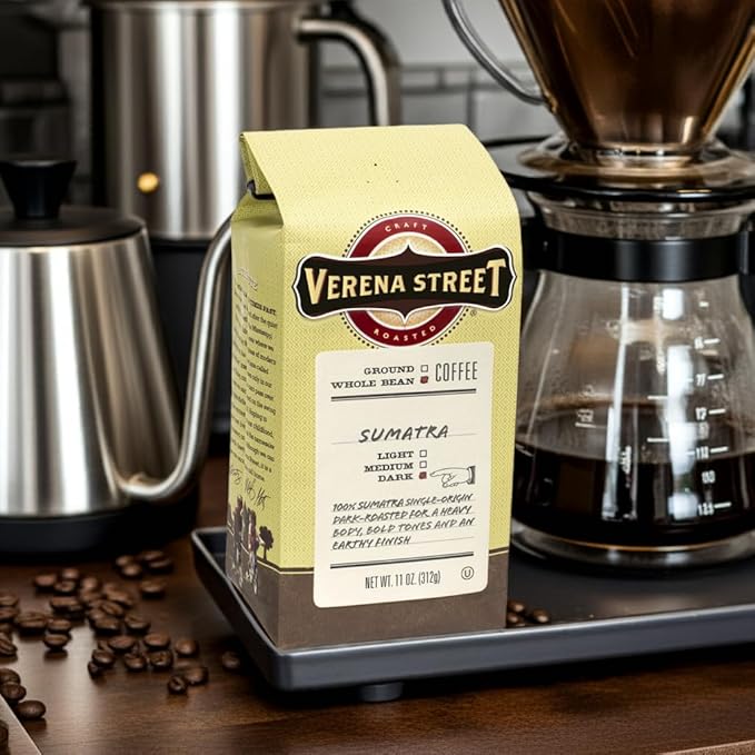 Verena Street 11 Ounce Whole Bean Coffee, Dark Roast, 100% Sumatra, Rainforest Alliance Certified Arabica Coffee