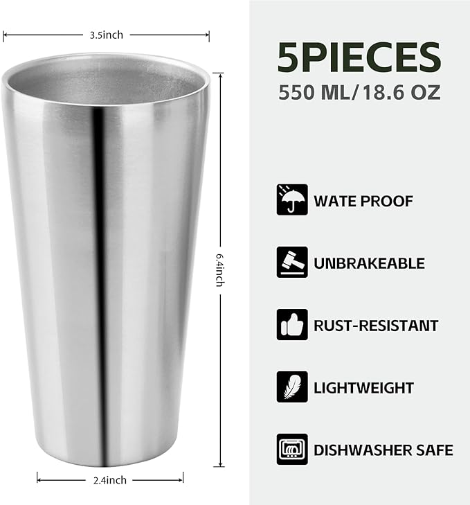 5 Pack 18.6oz Stainless Steel Insulated Cup, Double Wall Vacuum Small Metal Cup, Reusable Camping Cups Unbreakable Indoor Outdoor for Party, Home, Office, BBQ, Sliver
