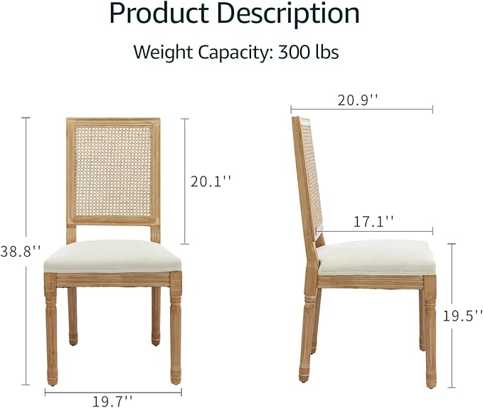 French Country Dining Chairs Set of 4, Beige Modern Kitchen & Dining Room Chairs, Rattan Dining Chair with Linen Upholstered Cushion, High Cane Back, Wood Legs, Sillas de Comedor (Beige, 4 Pcs)