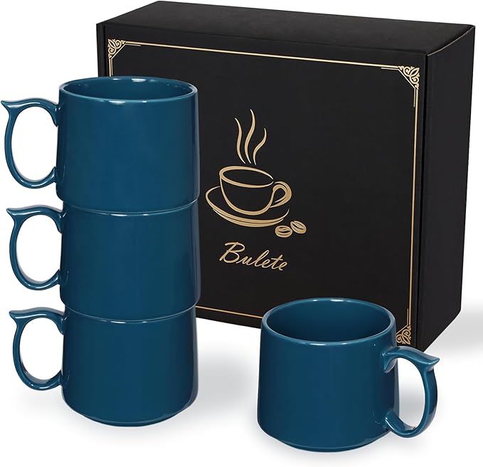 Large Coffee Mugs Set of 4, 19 oz Stackable Ceramic Coffee Mug, Coffee Cups with Large Handle for Latte, Cappuccino, Milk, Tea, Dishwasher & Microwave Safe, Ideal Gift for Men, Women - Blue