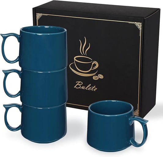 Large Coffee Mugs Set of 4, 19 oz Stackable Ceramic Coffee Mug, Coffee Cups with Large Handle for Latte, Cappuccino, Milk, Tea, Dishwasher & Microwave Safe, Ideal Gift for Men, Women - Blue