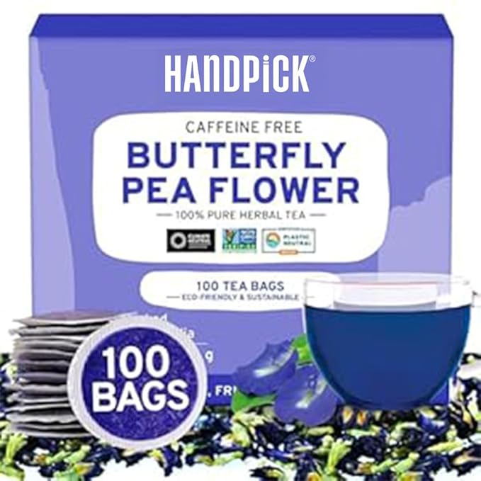HANDPICK, Butterfly Pea Flower Tea (100 Herbal Tea Bags) | Caffeine Free, Non GMO | Premium Dried Butterfly Pea Flowers For Blue & Purple Drinks, Food Coloring | Iced Teas, Coolers, Cocktails