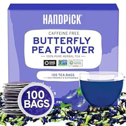 HANDPICK, Butterfly Pea Flower Tea (100 Herbal Tea Bags) | Caffeine Free, Non GMO | Premium Dried Butterfly Pea Flowers For Blue & Purple Drinks, Food Coloring | Iced Teas, Coolers, Cocktails
