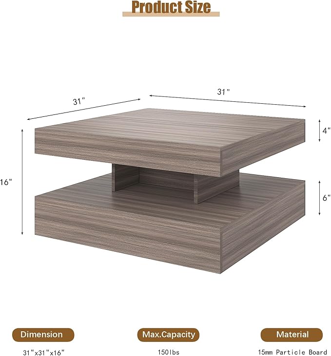 LED Coffee Table for Living Room, Living Room Table 2-Tier Square Middle Center Table, Modern Coffee Tables with Storage, Contemporary Wood Tea Tables for Dining Reception, Grey Wood