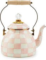 Load image into Gallery viewer, MACKENZIE-CHILDS Enamel Tea Kettle, Stylish Tea Kettle for Stovetop, Pink-and-White Rosy Check, 2 Quarts