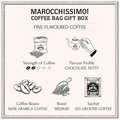 Bacha Coffee | Marocchissimo! Fine Flavoured, 100% Arabica Specialty Coffee Beans, Medium Roast, x12 Individually Wrapped Single Serve Filter Bags
