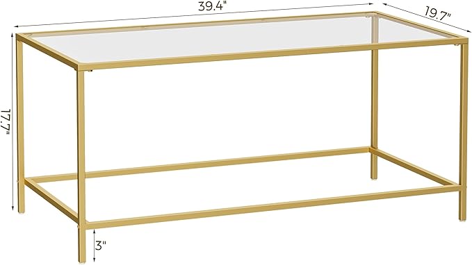 Glass Coffee Table, Modern Rectangular Coffee Table for Living Room, Minimalist Center Tea Table with Sturdy Metal Frame for Apartment, Office, Easy Assembly, 39.4 x 19.7 x 17.7 Inches, Golden
