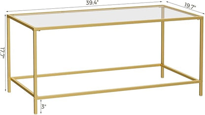 Glass Coffee Table, Modern Rectangular Coffee Table for Living Room, Minimalist Center Tea Table with Sturdy Metal Frame for Apartment, Office, Easy Assembly, 39.4 x 19.7 x 17.7 Inches, Golden