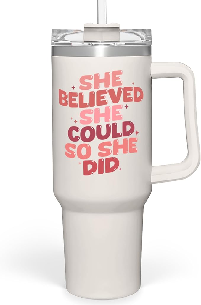 SANDJEST Graduation Gifts for Women She Believed She Could So She Did Tumbler 40oz Stainless Steel Insulated with Handle and Straw, New Job, Going Away, Inspirational Gifts for Her