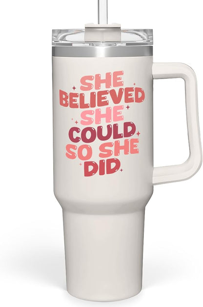 SANDJEST Graduation Gifts for Women She Believed She Could So She Did Tumbler 40oz Stainless Steel Insulated with Handle and Straw, New Job, Going Away, Inspirational Gifts for Her