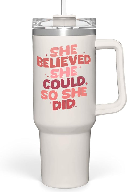 SANDJEST Graduation Gifts for Women She Believed She Could So She Did Tumbler 40oz Stainless Steel Insulated with Handle and Straw, New Job, Going Away, Inspirational Gifts for Her